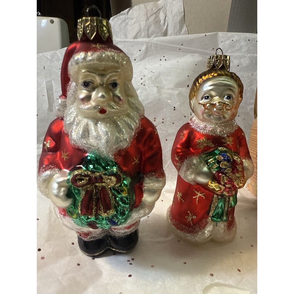 Fingerhut Joys of the Season Glass Santa & Mrs Claus Ornaments Set w Box - Picture 1 of 6